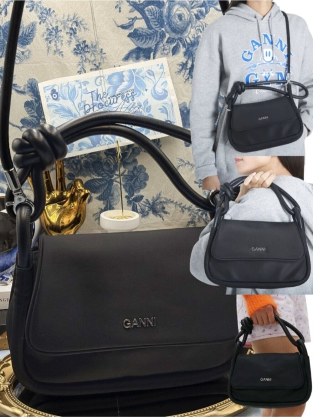 🆕 GANNI 🧿 NWOT Knot Flap Shoulder Bag with Crossbody Strap, Black Nylon